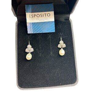 Esposito Diamonique Sterling Silver Pearl Drops Earrings Floral Dangles With CZ